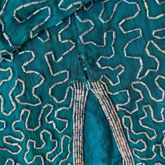 Vintage 100% Silk Peacock Teal Beaded Cocktail Dress - Picture 11 of 13